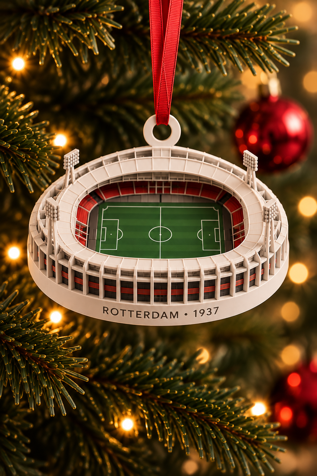 Wit stadionornament met rood lint hangend in een kerstboom